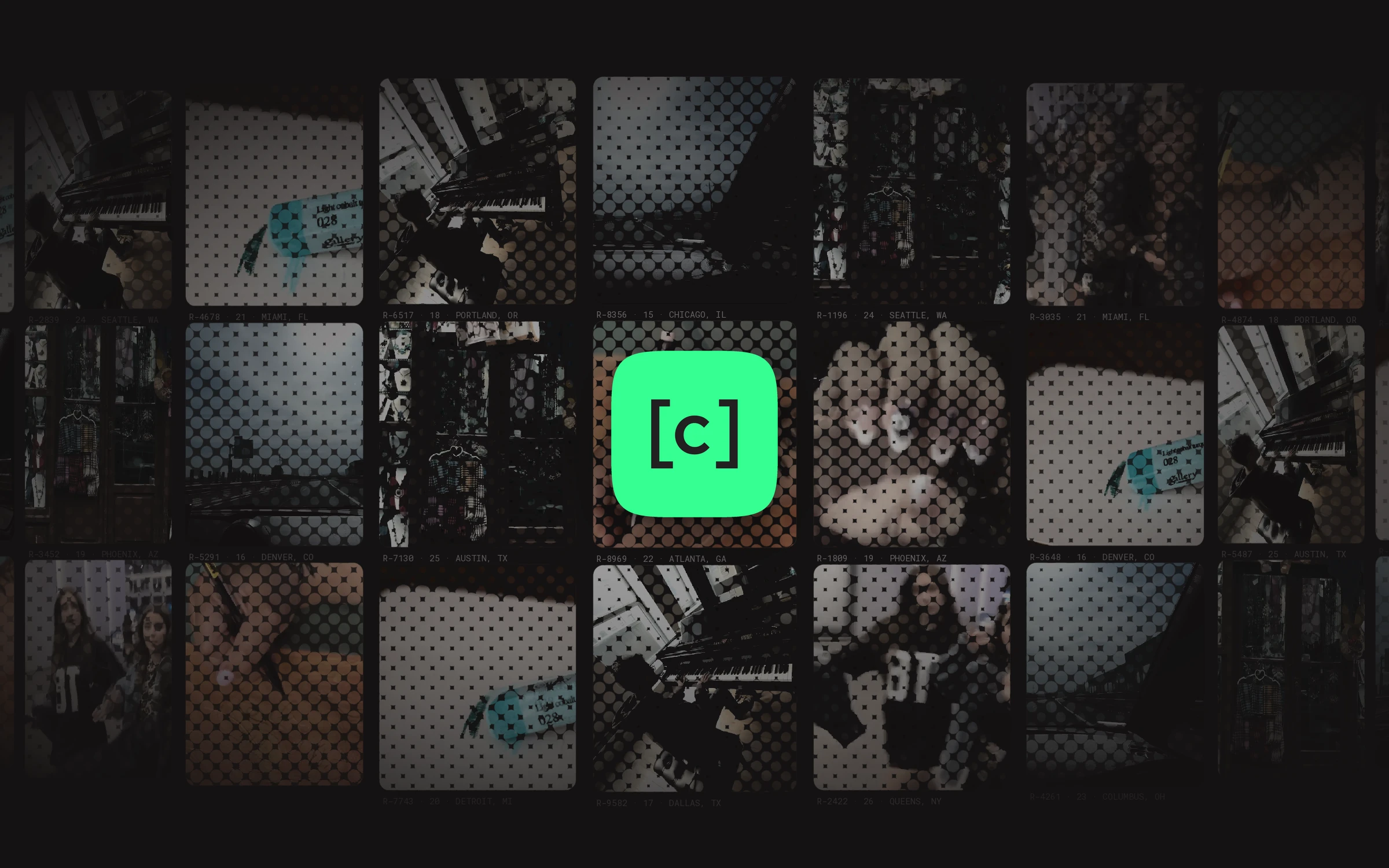 The [cafeteria] app icon over a halftone wall of real moments