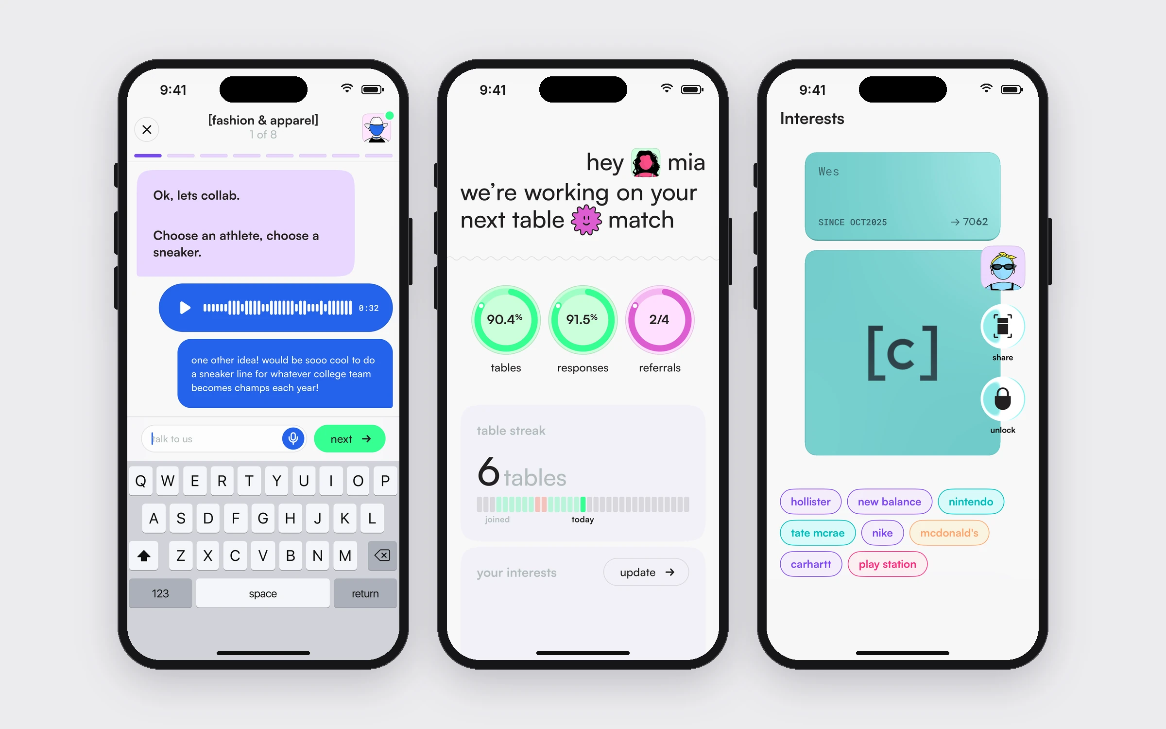 Three [cafeteria] app screens: a table chat, your stats, your interests card