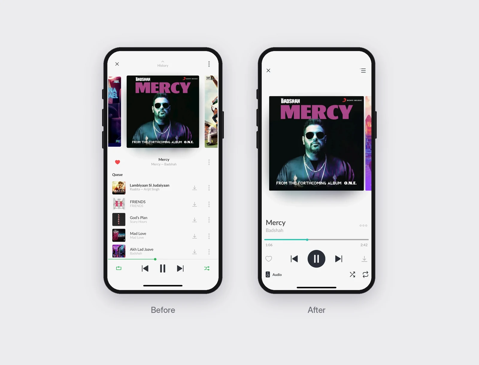 JioSaavn player, before and after