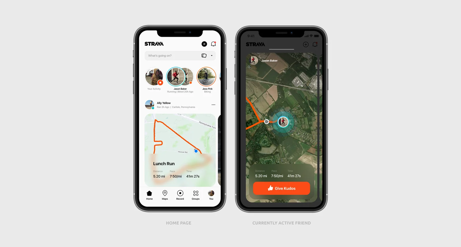 Strava home and a currently active friend