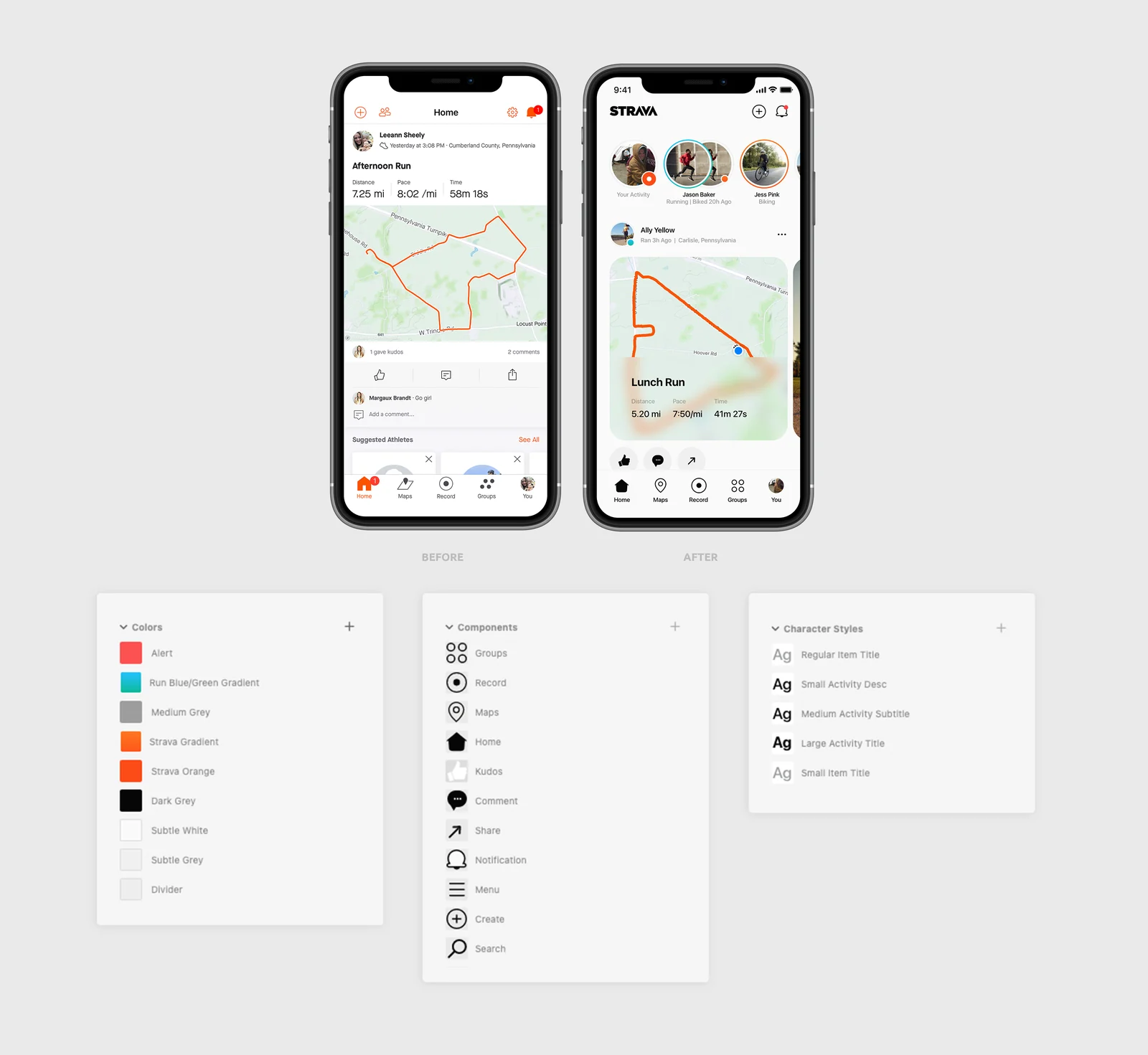 Strava home, before and after, with the design system